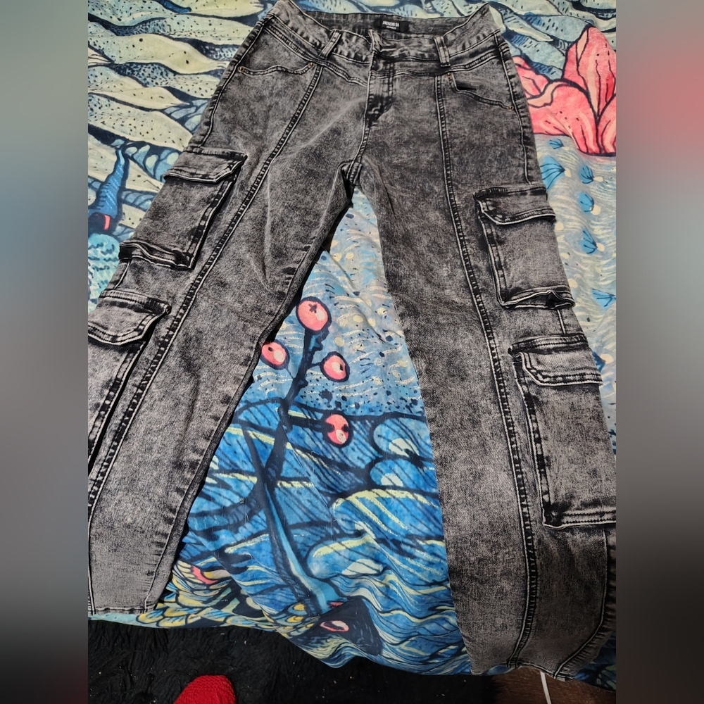 Black Acid Wash Cargo Skinny Jeans/ SZ Med/ American Bazi/ Stretch/ NWOT